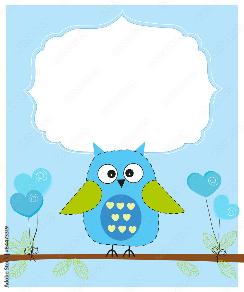 Owl with hearts balloon baby boy shower greeting card