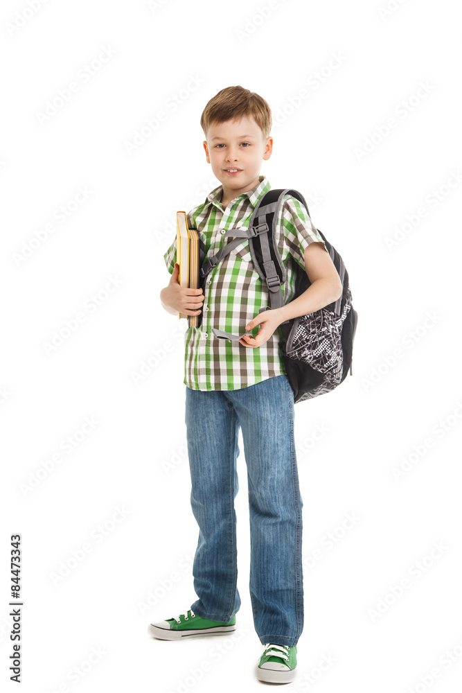 school boy in jeans with a backpack isolated school boy in jeans with a backpack isolated