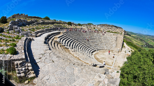 Landscape of Sicily with ancient greek theater at Segesta
