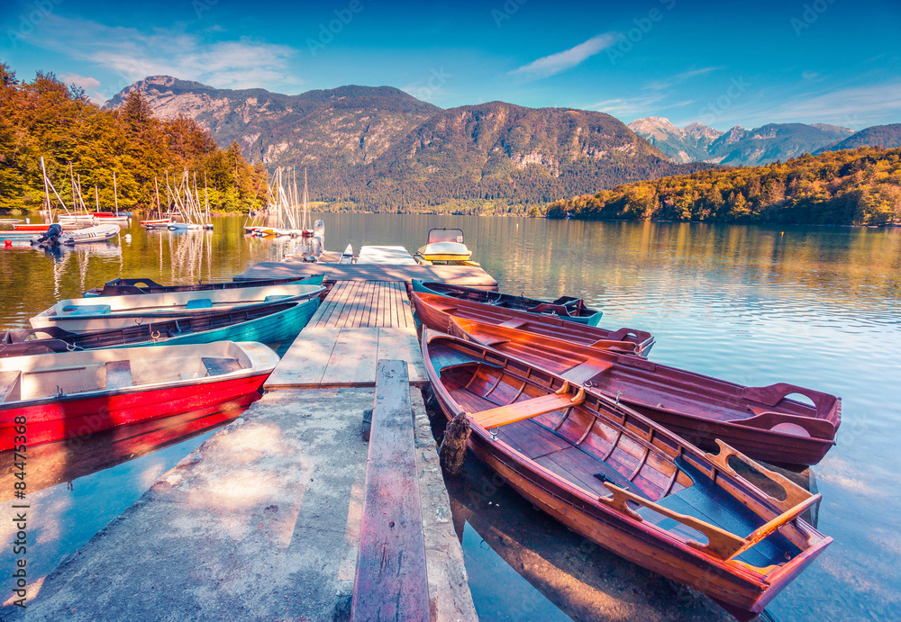 Naklejka premium Colorful summer morning on the Bohinj Lake with boats