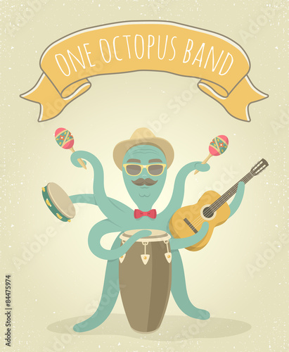 Flat Cartoon Latino Octopus Play Music by Ethnic Instruments