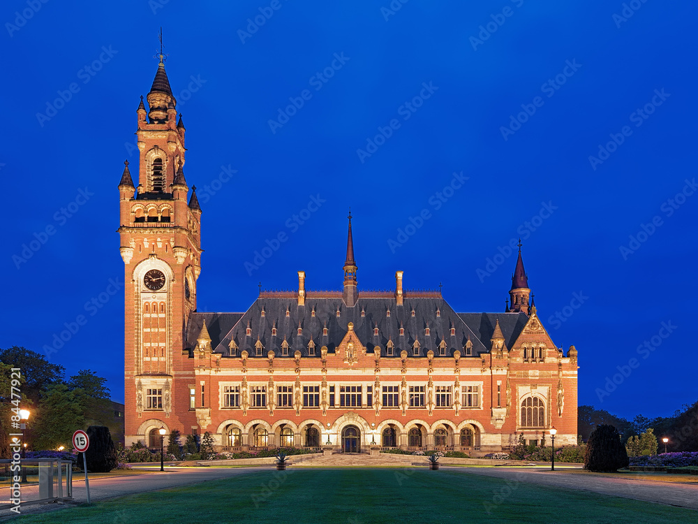 The Peace Palace at evening in The Hague, Netherlands