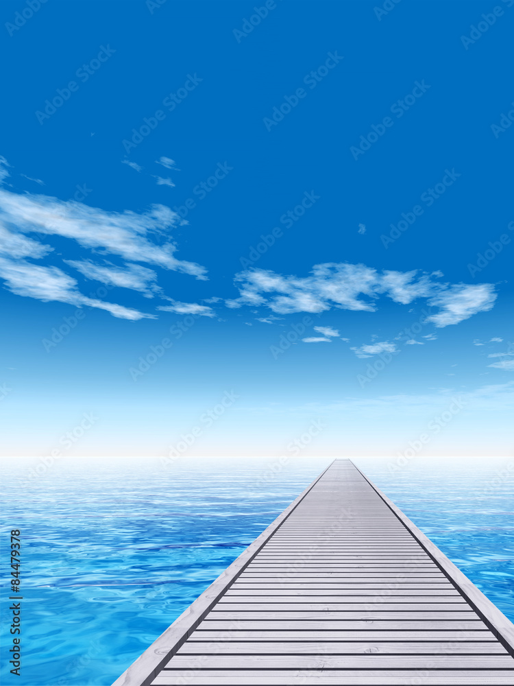 Fototapeta premium Conceptual wood deck pier on sea water