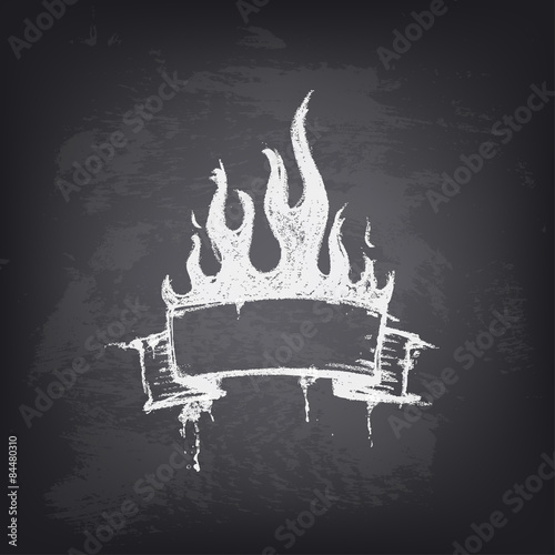 Hand drawn ribbon with fire and place for text.