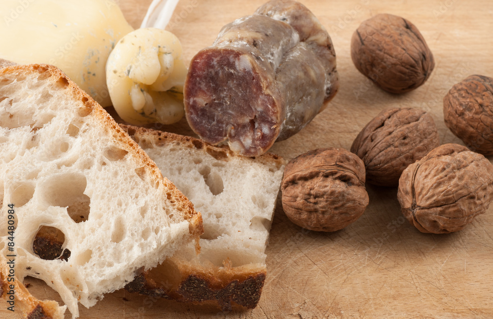 Fototapeta premium snack with salami, cheese and bread