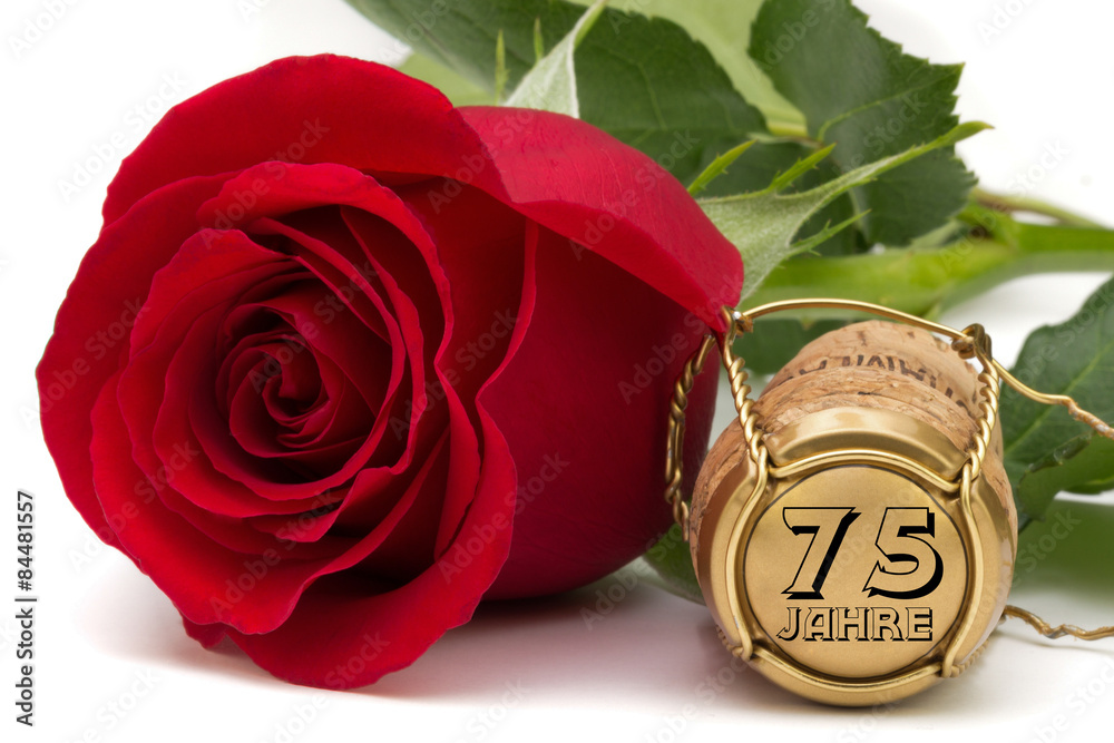 rote Rose mit Champagnerkorken 75 Jahre Jubiläum – Stock-Foto | Adobe Stock