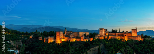 Aerial panoramic night view of Alhambra Palace in Granada, Spain