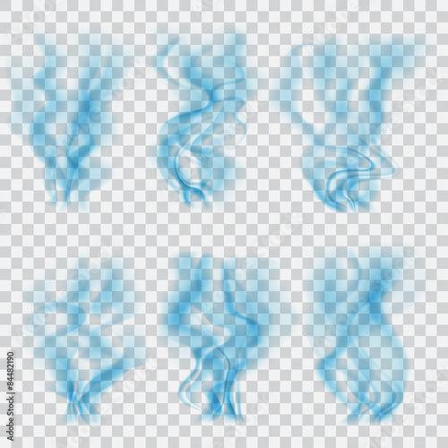 Set of translucent blue smoke. Transparency only in vector