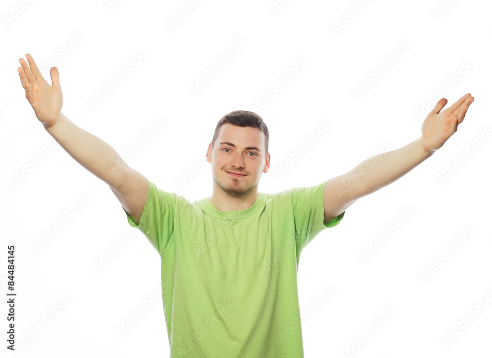 man with both hands raised in the air. man with both hands raised in the air.