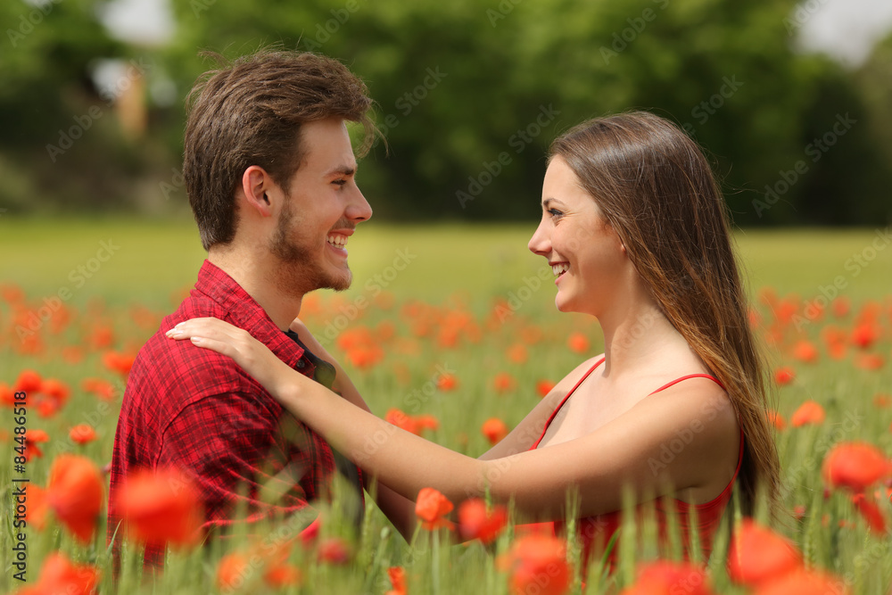 Couple looking each other affectionate in a red field Couple looking each other affectionate in a red field