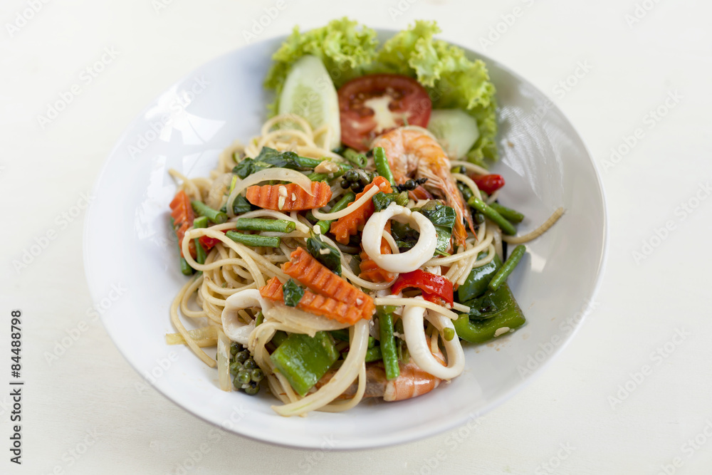 Thai style fried spagethi with spicy seafood Thai style fried spagethi with spicy seafood