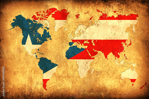 The flag of Puerto Rico in the outline of the world map