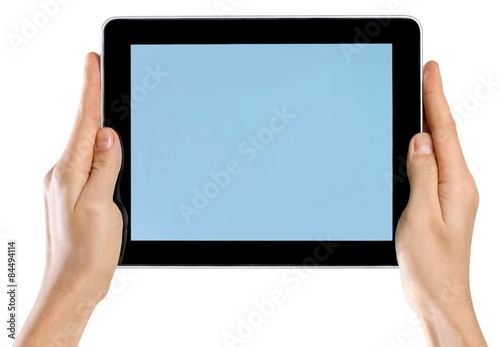 Tablet, hand, phone.