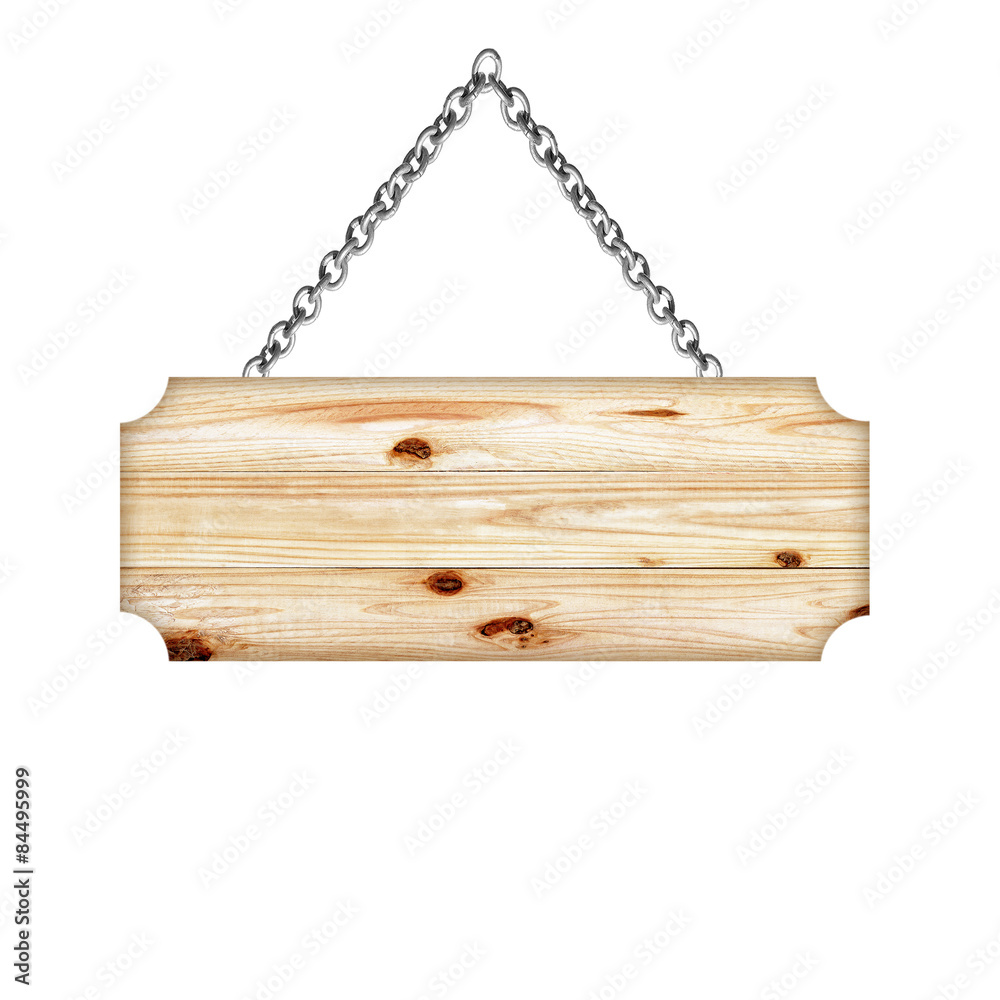 Wooden sign hanging on a chain isolated on white background Wooden sign hanging on a chain isolated on white background