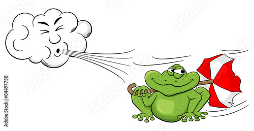 Cartoon Wolke bläst Wind auf einen Frosch mit Schirm 