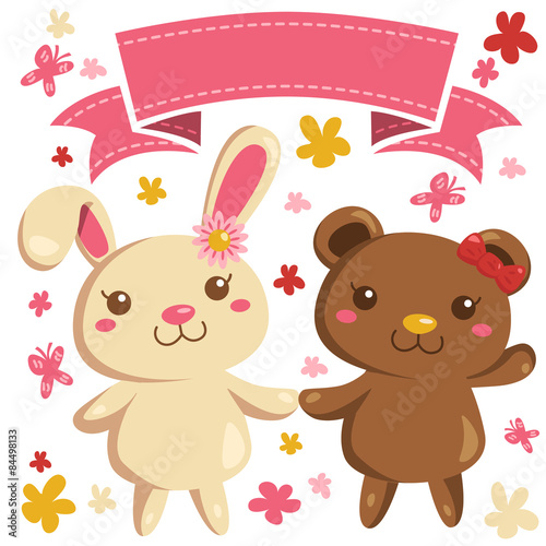 Cute White Bunny and Brown Bear Holding hands vector