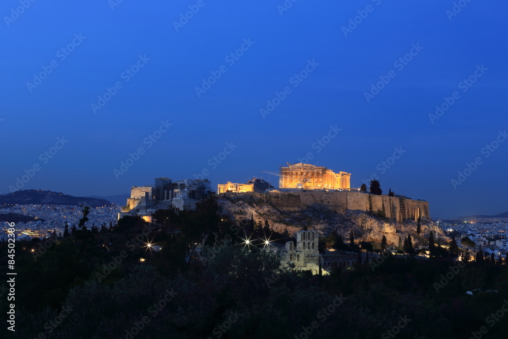 View of the Parthenon at night, Athens, Greece