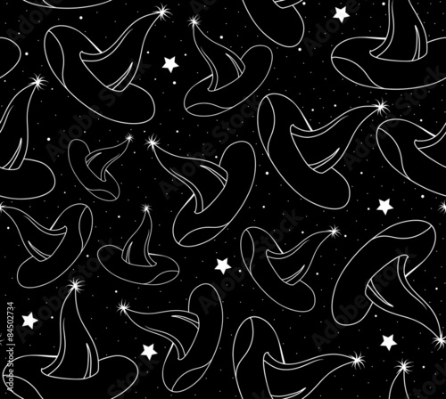 Halloween vector seamless pattern with witch hats and stars