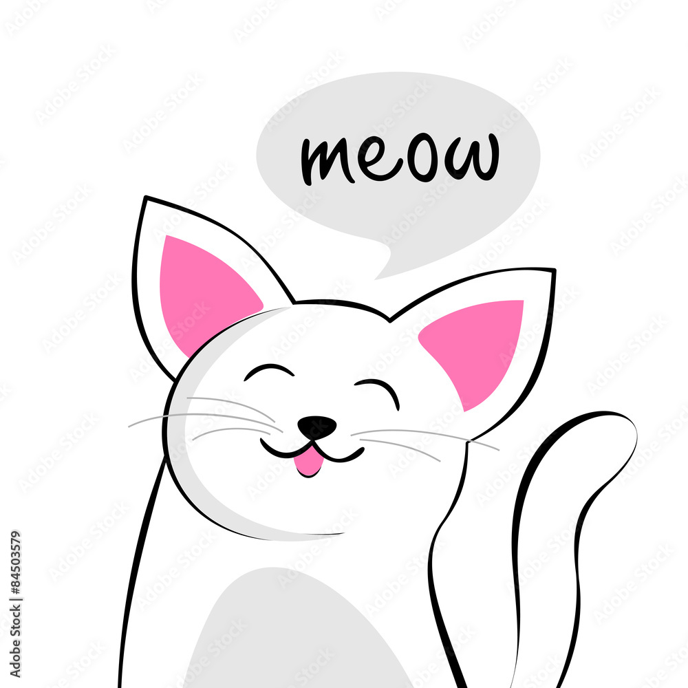 Cute cartoon cat with speech bubble saying Meow