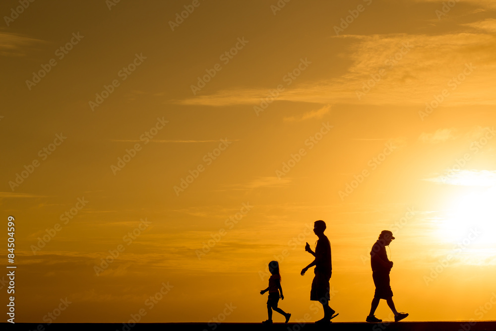 Silhouette people walking at sunset