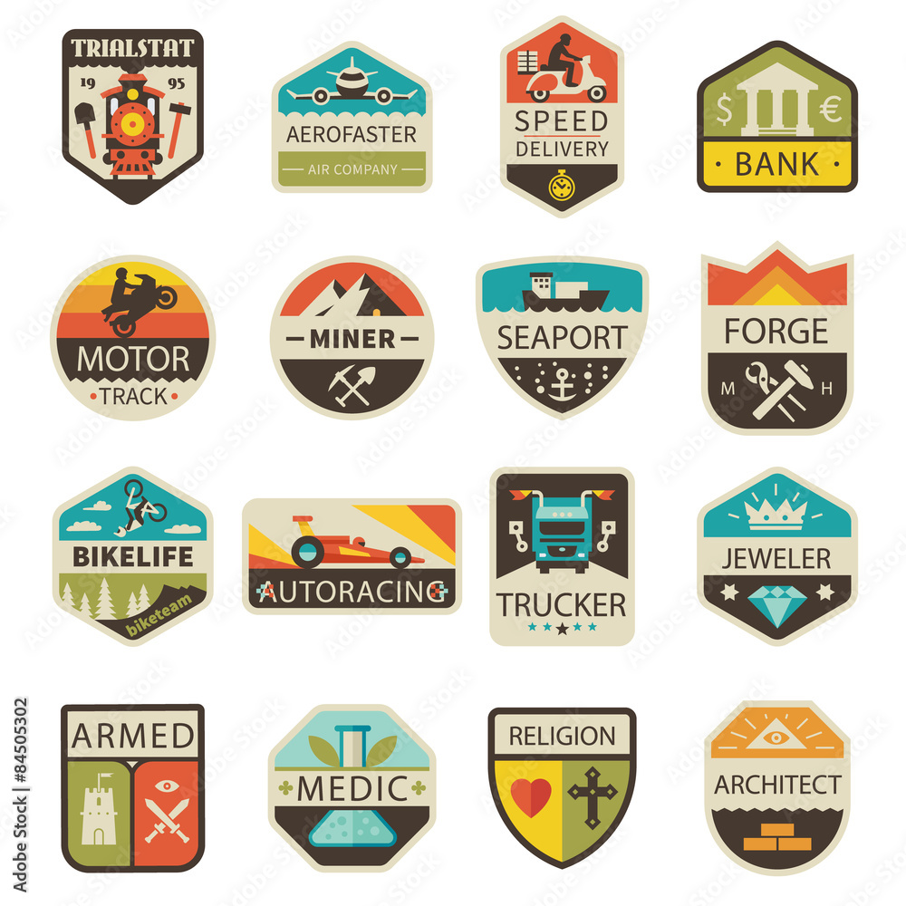 Vintage logos and badges. Professions and Transportation. Vector flat  logo set