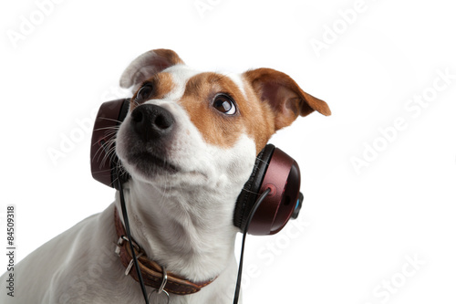 terrier listening to music on headphones