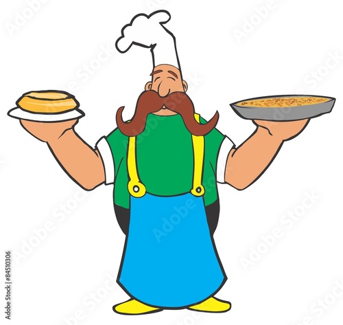 Cartoon cook with pizza and pie in his hands,
Cartoon cook chef with a hot pizza and pie, 
Cook holds a hot pizza and pie, 
Chef Cook Serving Pie, 
Cartoon Baker Pie