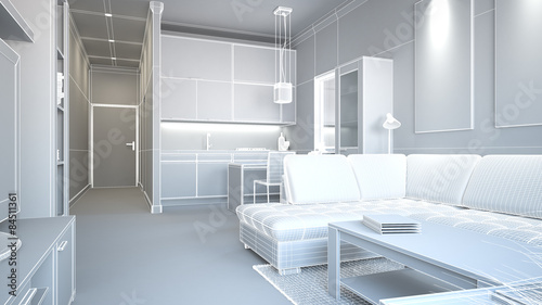 Wallpaper Mural 3D interior rendering of a small loft without textures Torontodigital.ca