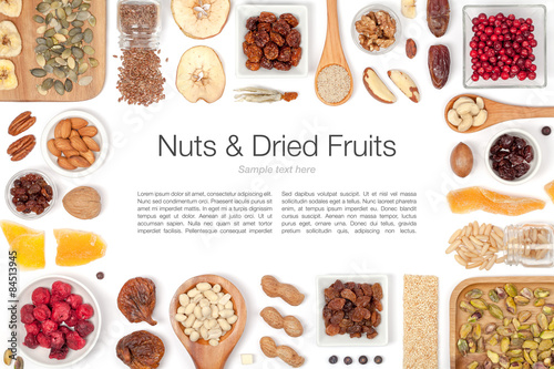 nuts and dried fruits on white background