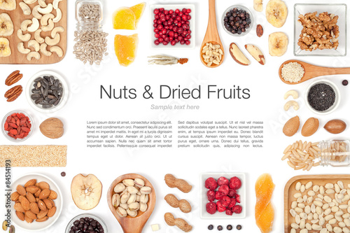 nuts and dried fruits on white background