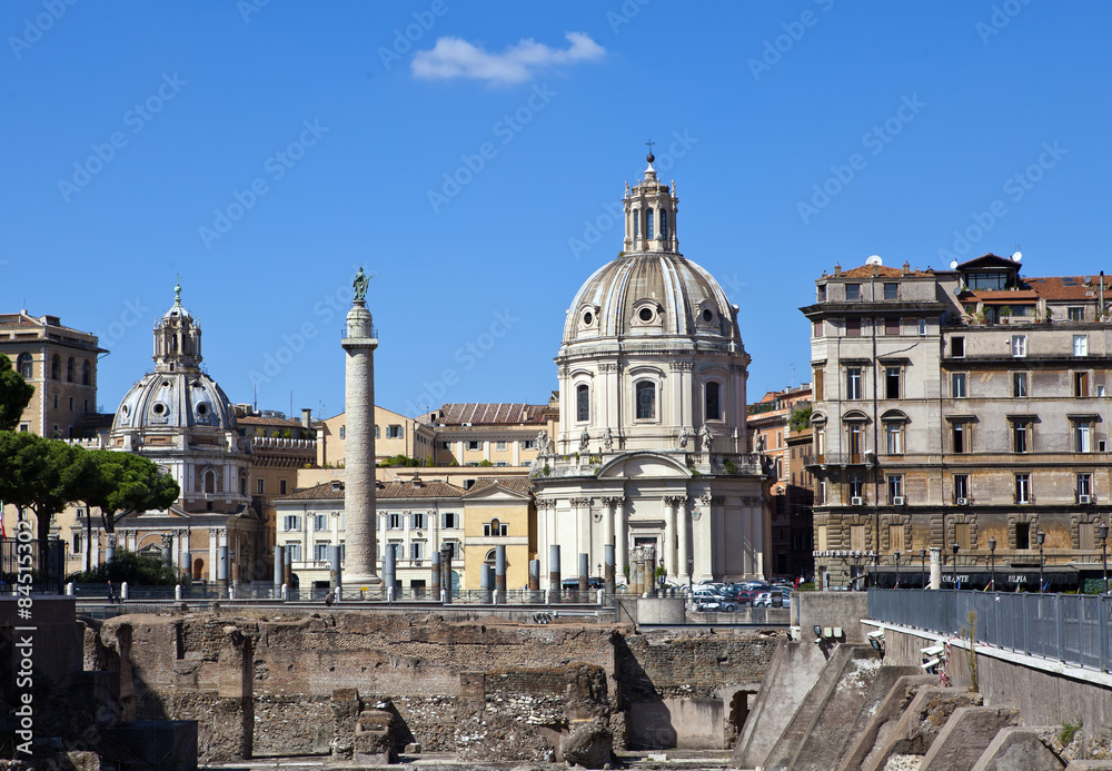 Italy. Rome. Trojan column, churches of Santa Maria di Loreto and Santissima Nome di Maria (Most Holy Name of Mary ),and ruins of a forum of Trajan