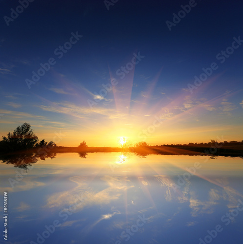 Sunset over lake water surface