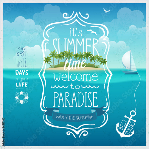 Summer time poster with tropical background.