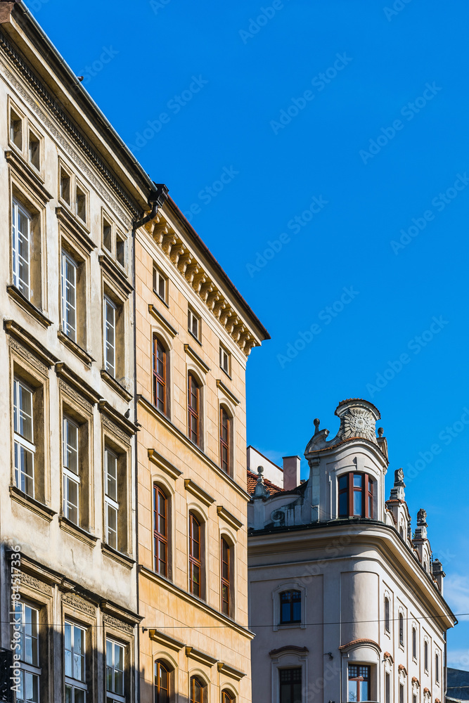 Facades of ancient tenements in the Old Town in Krakow.