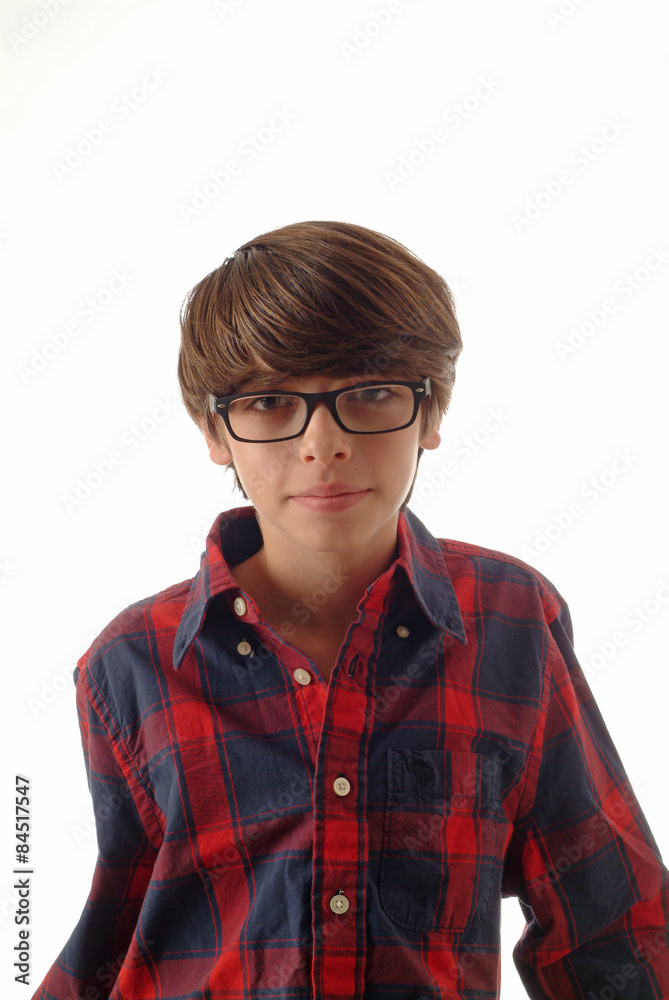 Teenage boy plaid shirt and glasses
