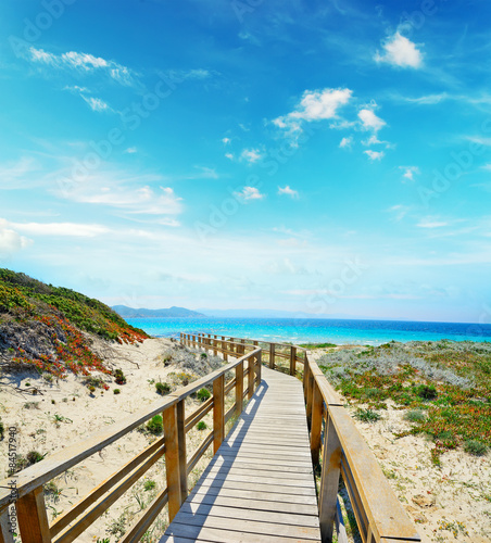 wooden boardwalk in Capo Testa on a clear day