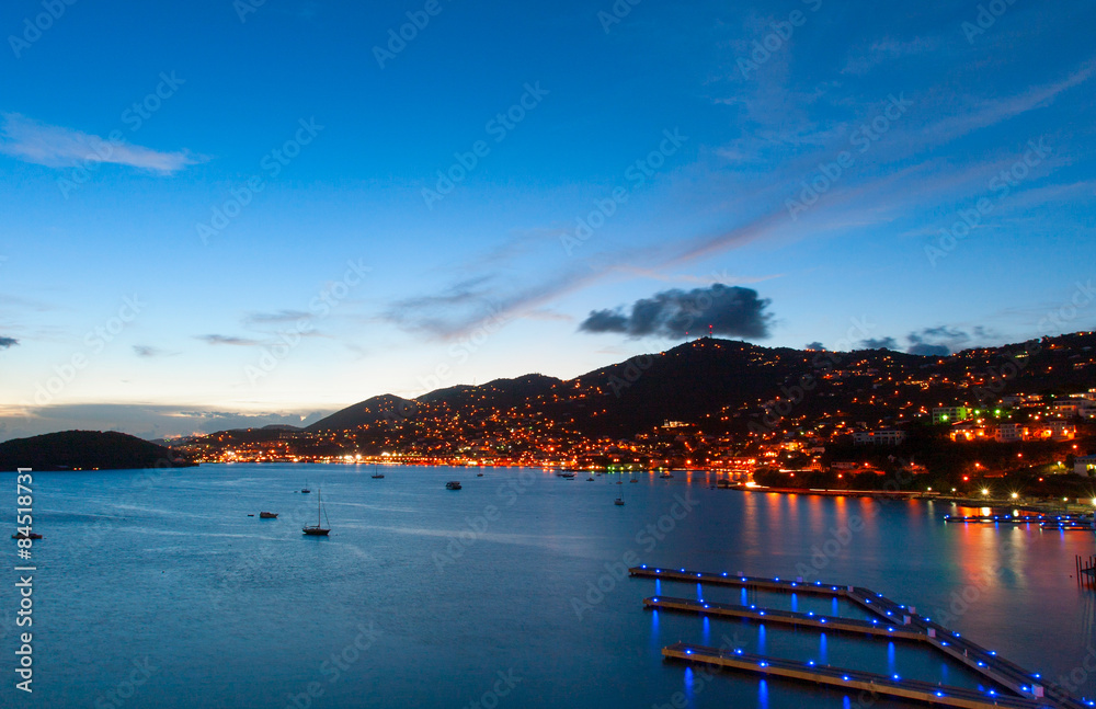 Late evening with many lights in Caribbean port of Saint Thomas