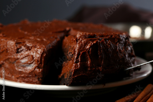 Tasty chocolate cake on table, close-up