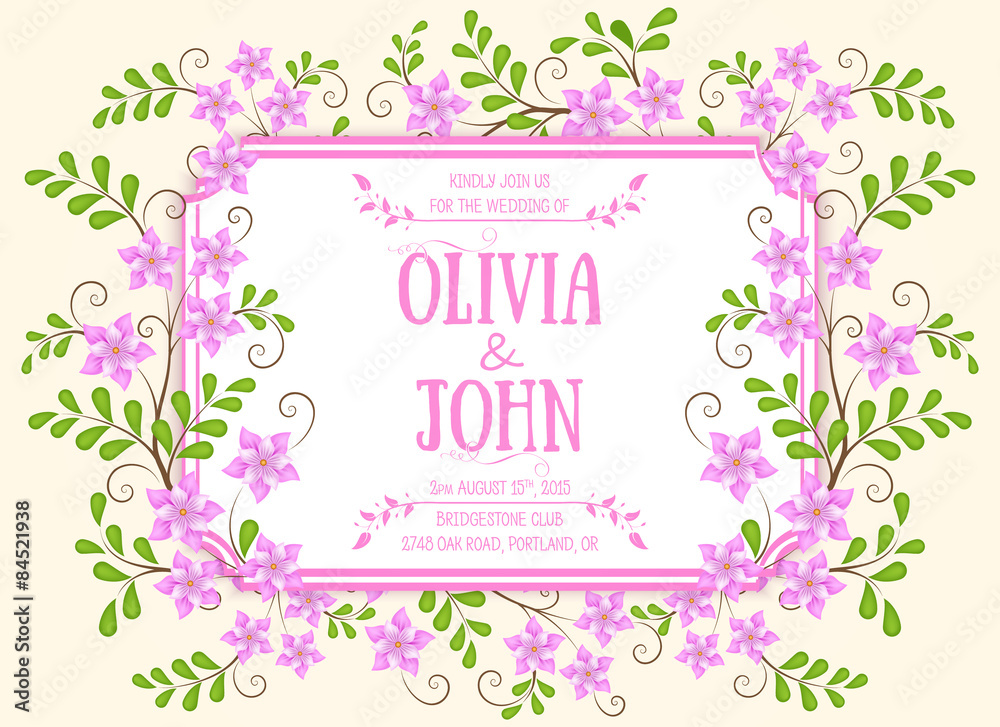 Wedding invitation card. Vector invitation card with floral