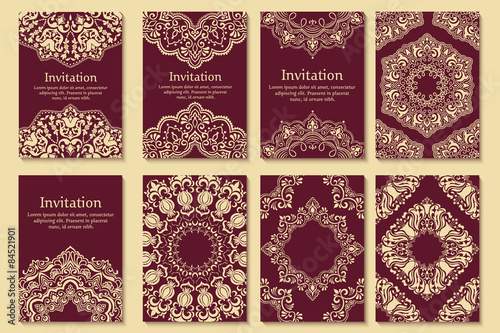 Set of invitations, cards with ethnic henna elements. Arabesque