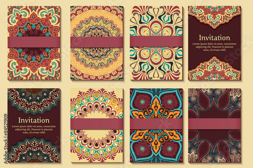 Set of invitations, cards with ethnic henna elements. Arabesque
