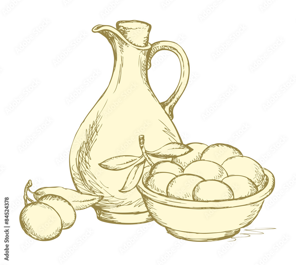 Vector drawing. Still life of oil in jug and olives sprigs Vector drawing. Still life of oil in jug and olives sprigs