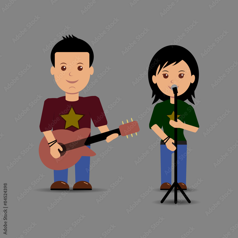 Girl and boy singing and playing guitar together. Girl and boy singing and playing guitar together.
