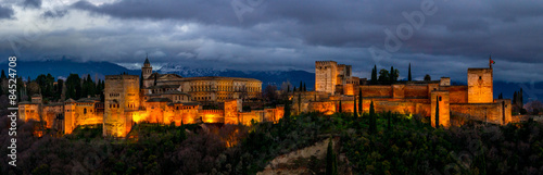 Alhambra Granada. Panoramic Night view of palace. Arabic fortress of Alhambra, Granada, Spain photo
