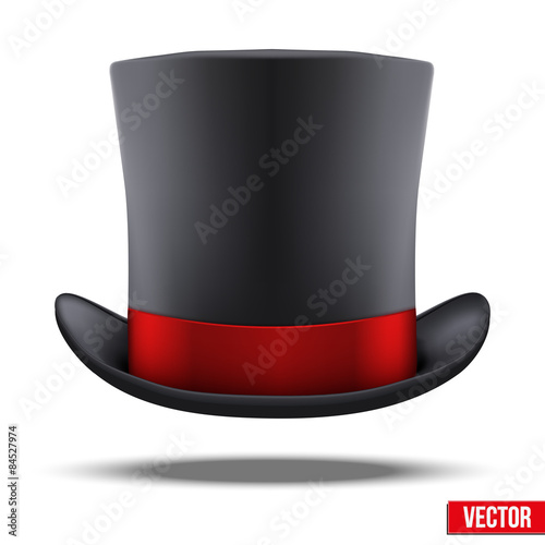 Black gentleman hat cylinder with red ribbon.