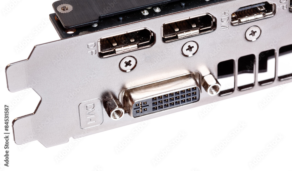 Computer graphics card, focus on the DVI, HDMI, Displayport con Computer graphics card, focus on the DVI, HDMI, Displayport con