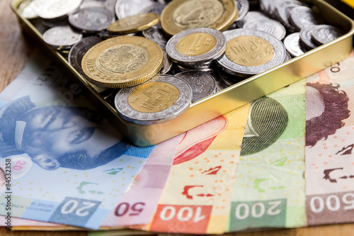 money, coins and bills mexican pesos over a wooden table
