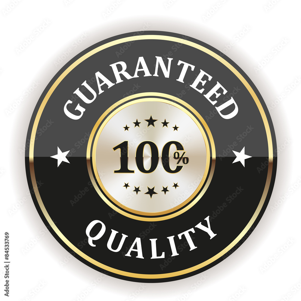 Black 100 percent quality badge with gold border on white background