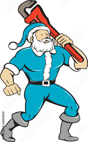 Santa Claus Plumber Monkey Wrench Isolated Cartoon
