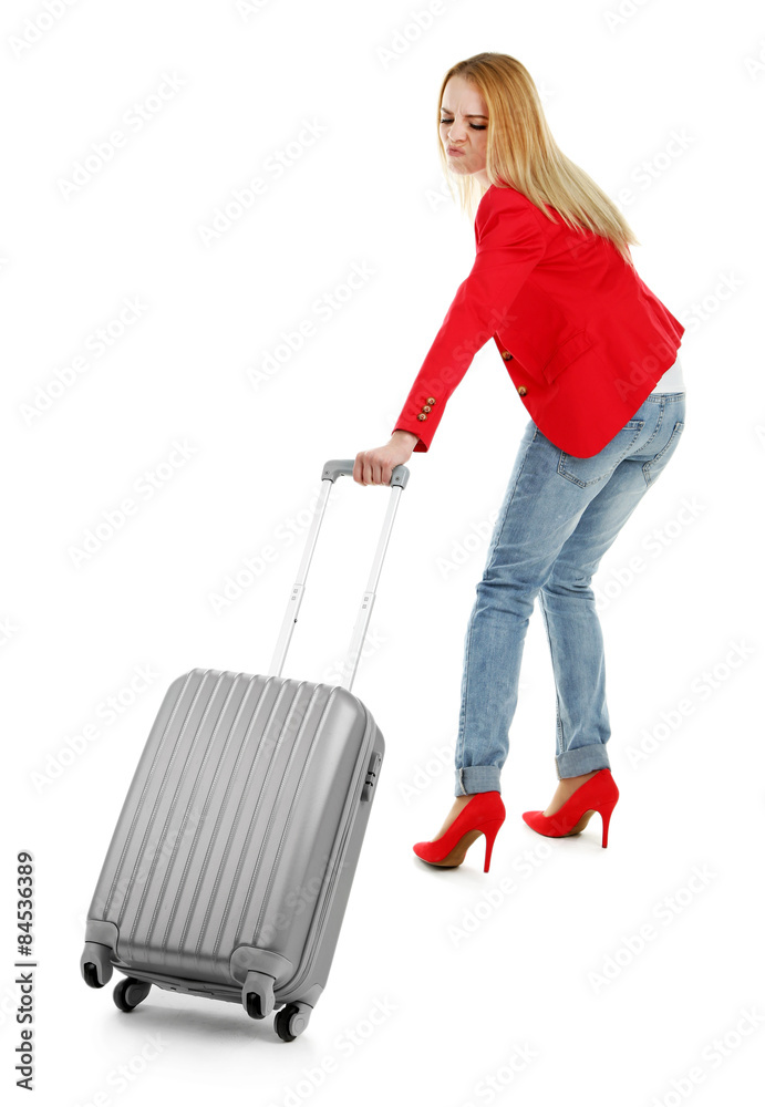 Woman holding suitcase, isolated on white Woman holding suitcase, isolated on white